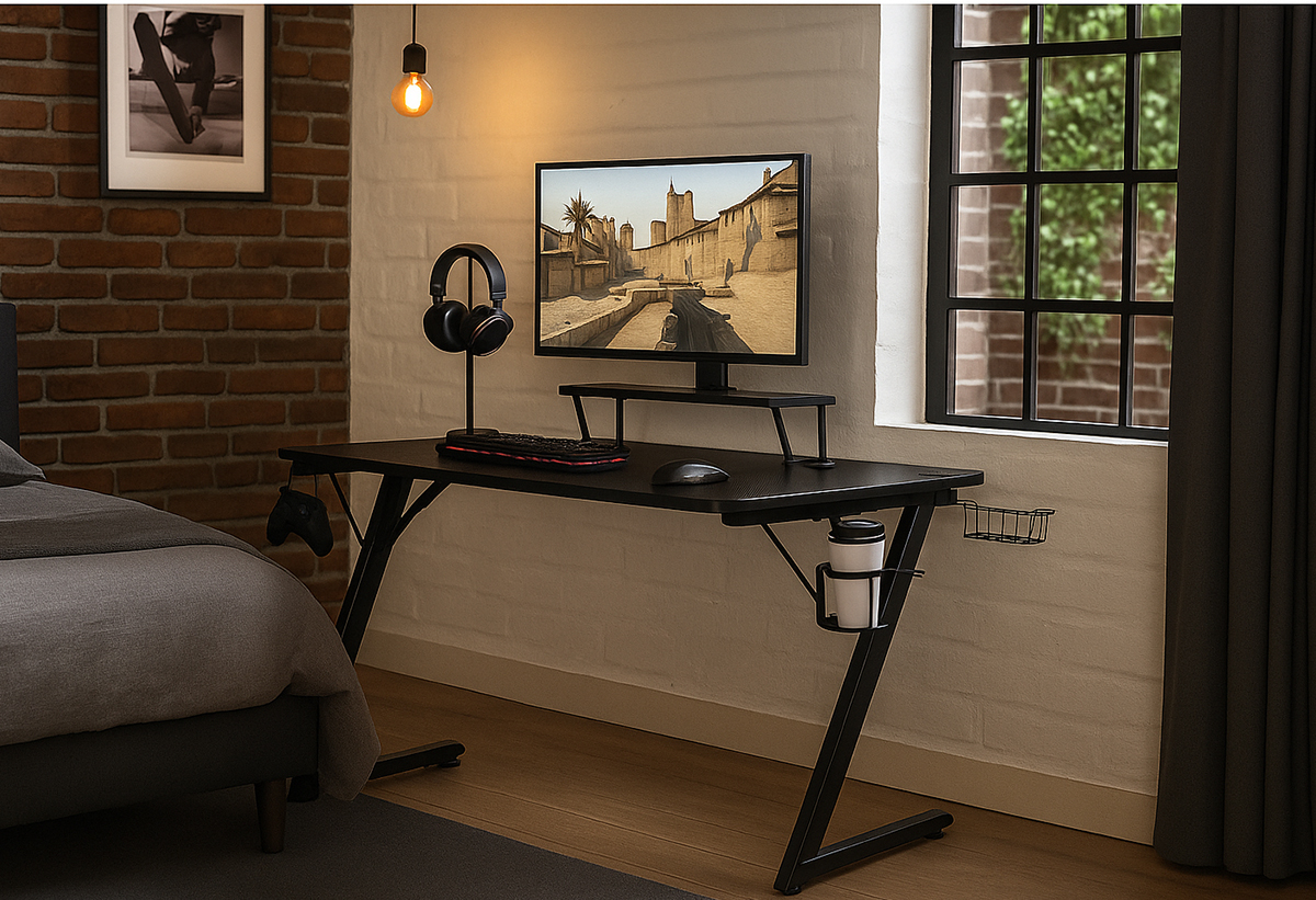 Απεικονίζεται το γραφείο σε δωμάτιο, με gaming set πάνω του.